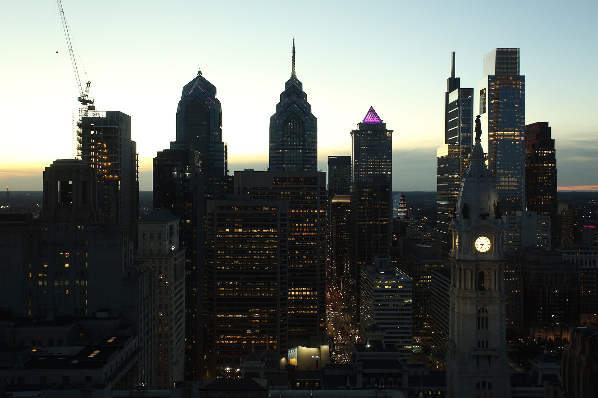 Center City Philadelphia at dusk, City Hall tower in the foreground